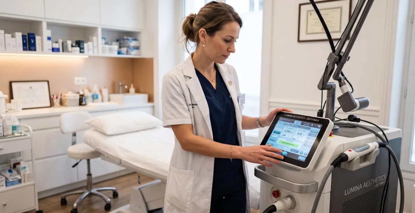 Praticien en médecine esthétique vérifiant les réglages d'un appareil laser médical dans son cabinet de traitement