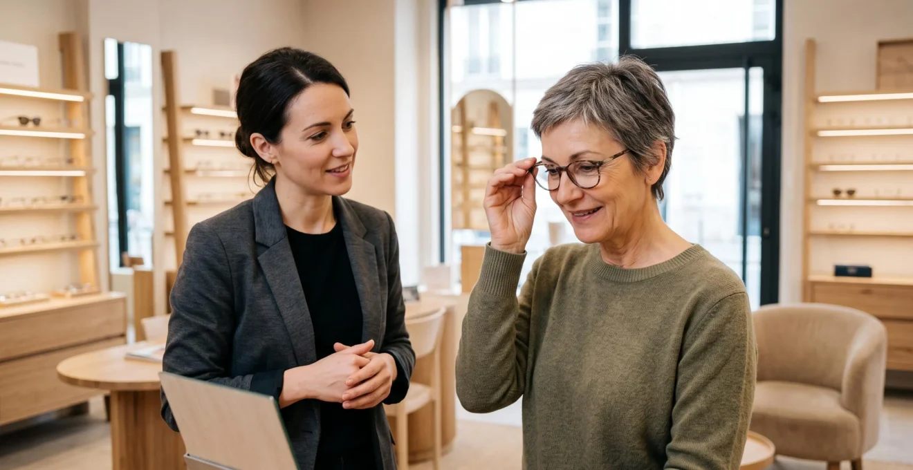 Client adulte essayant des lunettes progressives dans un magasin d'optique avec opticien