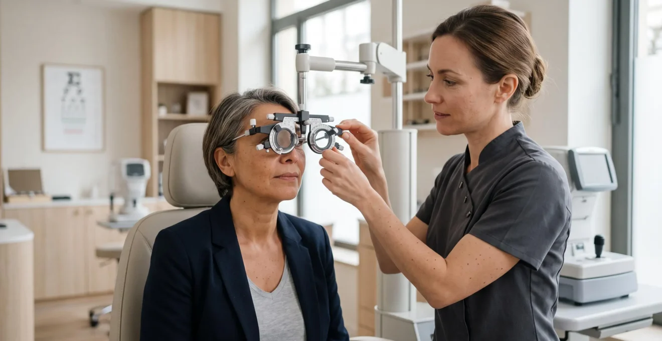 Optométriste réalisant un examen de la vue à un patient adulte avec un phoroptère dans un cabinet d'optométrie