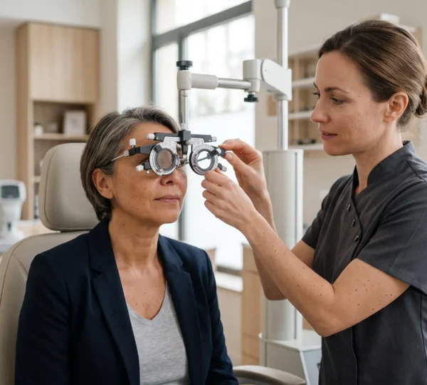 Optométriste réalisant un examen de la vue à un patient adulte avec un phoroptère dans un cabinet d'optométrie