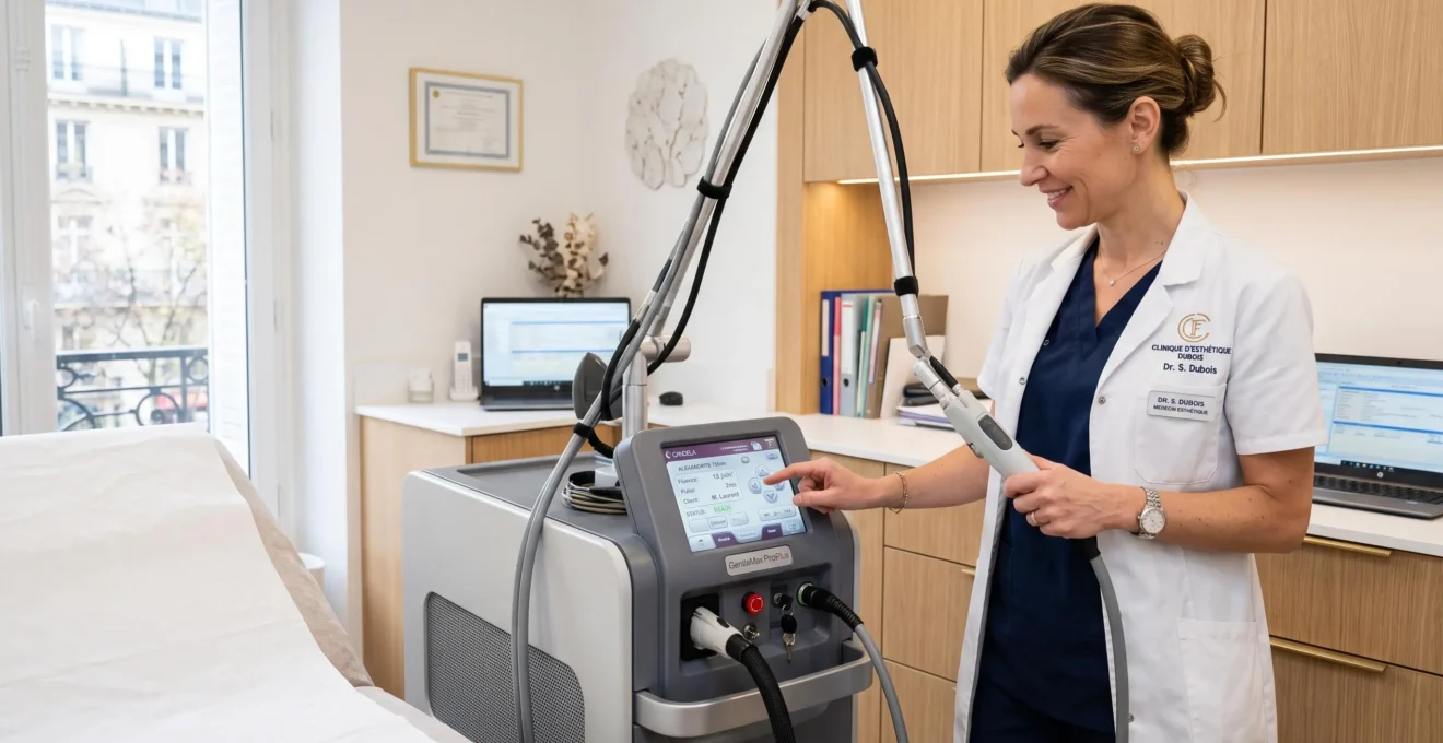 Dermatologue appliquant un appareil laser fractionné sur la peau d'un patient lors d'une séance de traitement des cicatrices en cabinet de médecine esthétique