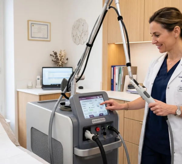 Dermatologue appliquant un appareil laser fractionné sur la peau d'un patient lors d'une séance de traitement des cicatrices en cabinet de médecine esthétique