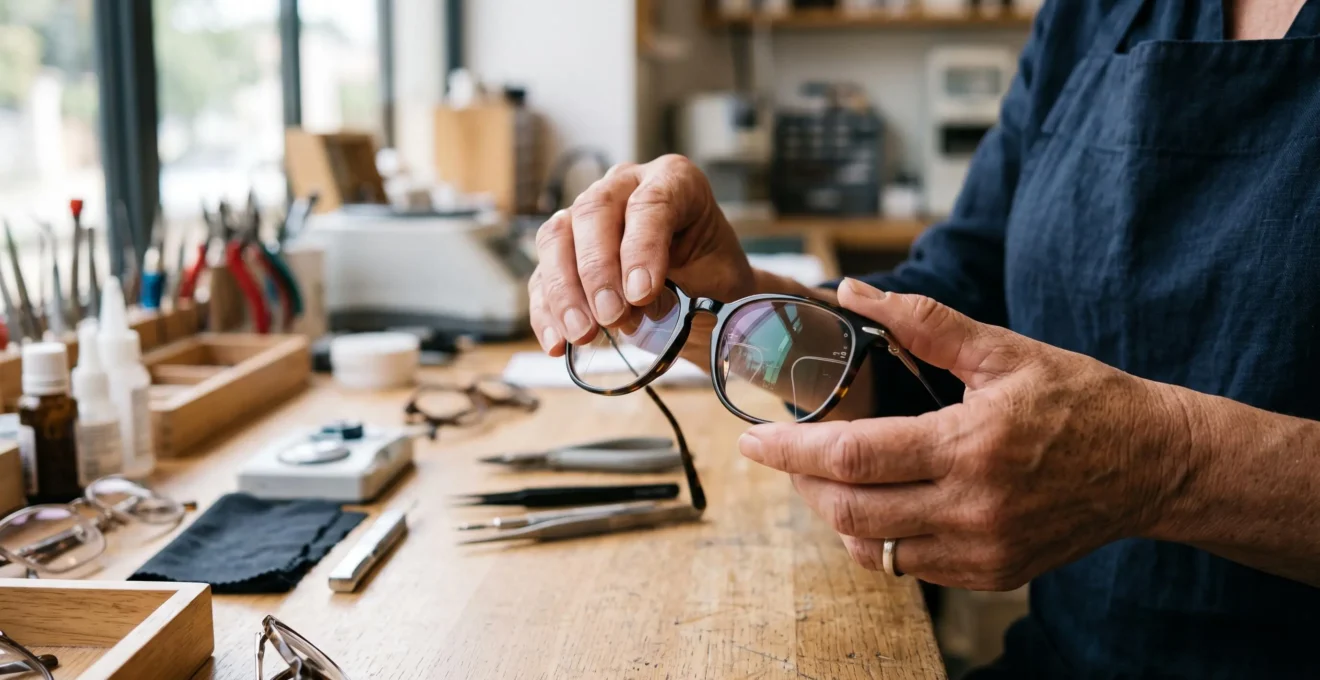 Mains d'opticien tenant des lunettes à verres progressifs sur un plan de travail