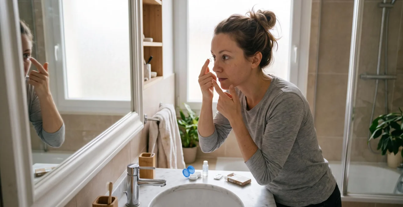 Femme posant une lentille de contact sur son œil devant un miroir de salle de bain lumineuse.
