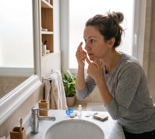 Femme posant une lentille de contact sur son œil devant un miroir de salle de bain lumineuse.