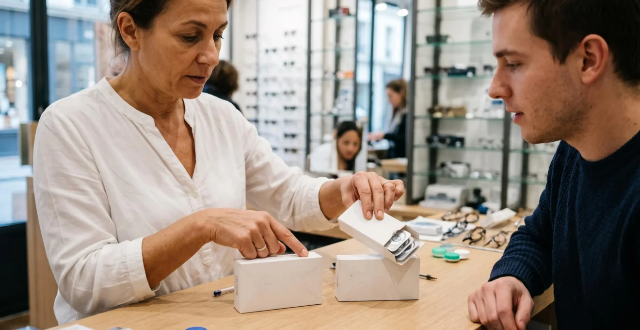 Opticienne présentant la différence entre boîtes de lentilles journalières et mensuelles à un client en magasin.